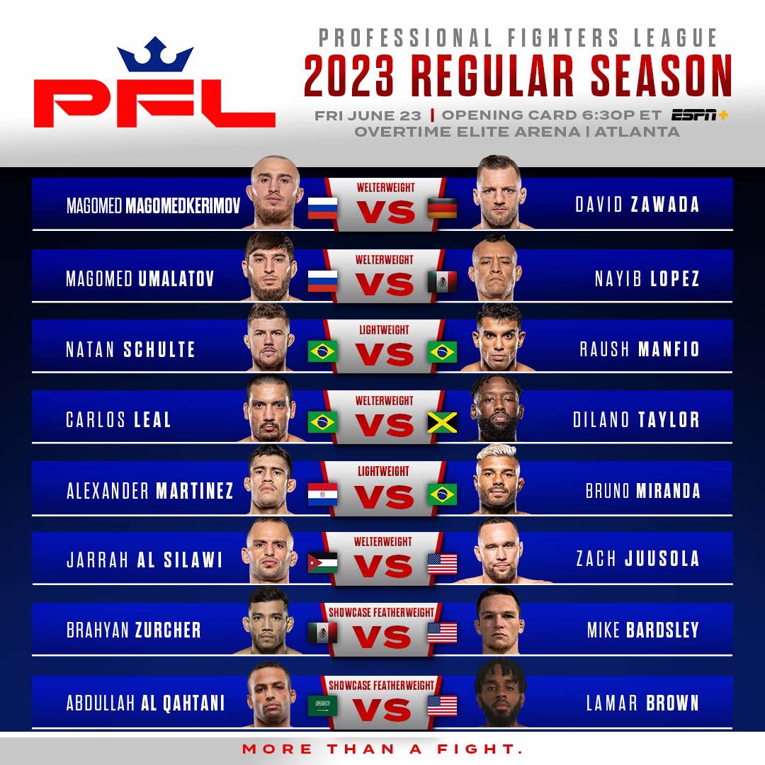 PFLMMA's tweet photo. OFFICIAL: Updated June 23rd fight card. 

Cedric Doumbe is out. Zach Juusola will now fight Jarrah Al-Silawi.

[Friday, June 23rd | 10pm ET on ESPN | #PFLRegularSeason | 🎟️ https://t.co/Skcq84VUo6] https://t.co/qyFh5CJtEy