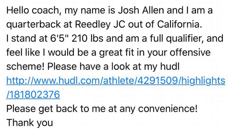 RookieWatxh's tweet photo. Josh Allen went unrated coming out of high school and had ZERO scholarship offers.

After Allen spent a season at JUCO, he sent an email to over 1,000 college coaches asking for a chance at their program.

He received ONE offer from Wyoming.

A couple years later he would be drafted 7th overall by the Buffalo Bills.

Today, Allen was announced as the Madden 24 cover athlete.

The Buffalo Bills first EVER Madden cover athlete.

WOW 🔥