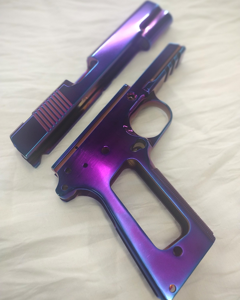 Here we have a #1911 slide and frame after getting our #Ultraviolet #PVD process.  Ultraviolet is one of our many decorative proprietary #coatings that help provide extra choices in color #customization

#1911gun #firearms #handgun #Pistol
