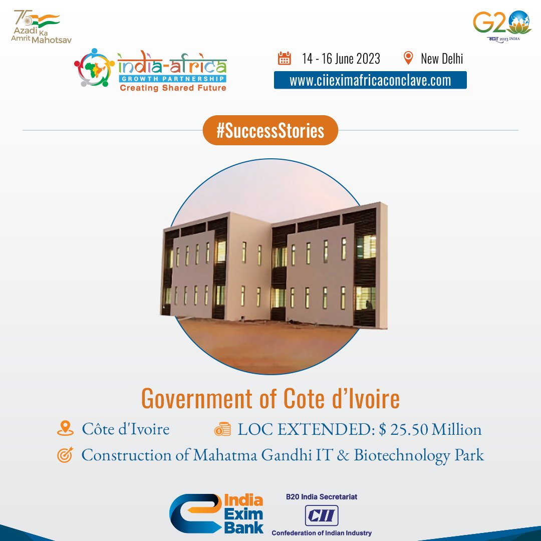 IndiaEximBank's tweet photo. India Exim Bank extended an LOC worth $25.50 million for the construction of the Mahatma Gandhi IT &amp; Biotechnology Park to the Government of Cote d’Ivoire.

The project establishes an inaugural computer assembling line, a first for this West African Country. https://t.co/gImVLYZ6tR
