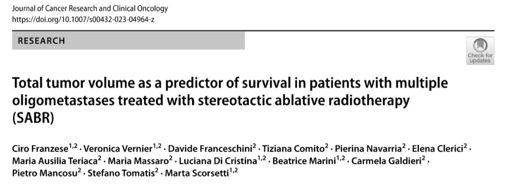 CiroFranzese1's tweet photo. Multiple oligometastases treated with single course SBRT:
▶️ 136 patients with 3-5 oligomets
▶️ 450 lesions (35% lung, 23% liver)
▶️ 1-3y LC 86%-76% with no  => G3 tox 
▶️ total tumor volume predictive of OS

https://t.co/mzJC9Gphgv https://t.co/aGvtYWv5Si