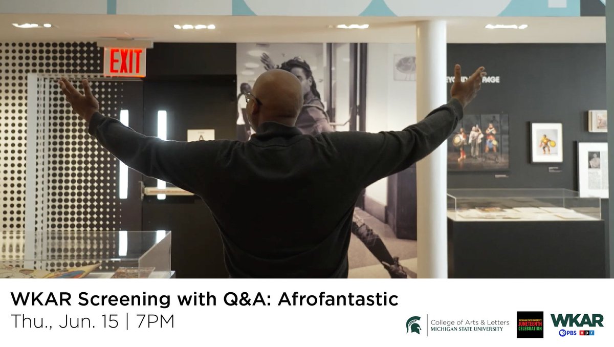 MSUMuseum's tweet photo. Join us at WKAR on Thur., June 15 at 7PM for a film screening of Afrofantastic, exploring the power of Afrofuturism. After the film, engage in a Q&amp;A with panelists including MSU Museum curator Julian Chambliss and director of exhibitions Teresa Goforth. https://t.co/5VDIKxBIzO https://t.co/Sp4MnhPI3B