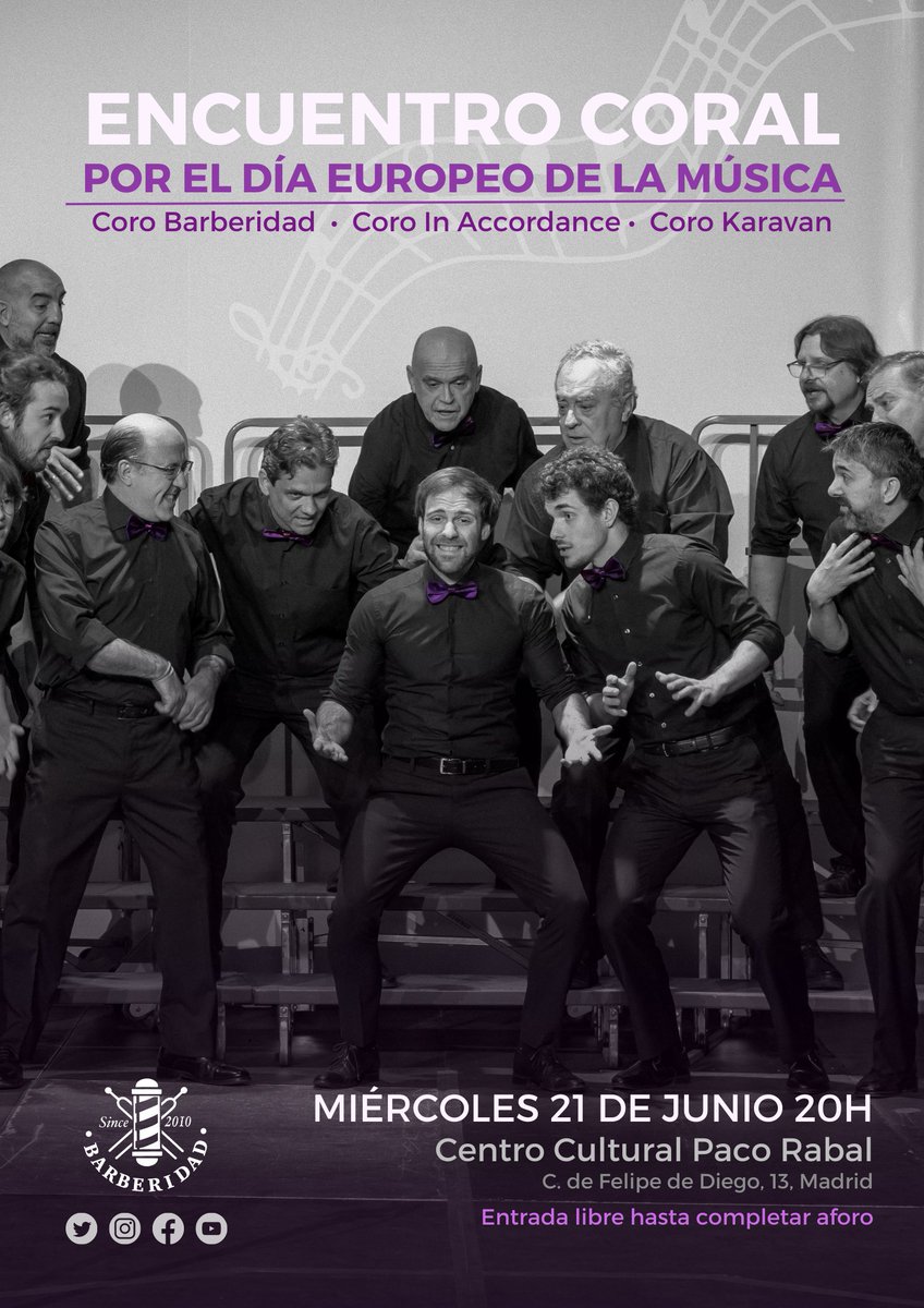 Barberidad's tweet photo. Con motivo del Día Europeo de la Música participaremos en un encuentro coral con que se celebrará en el Centro Cultural Paco Rabal.🎶
¡Nos vemos allí!

📍 C/Felipe de Diego, 13.
📆 Miércoles 21 de junio, 20h. 
🎟️Entrada gratuita.
#choir #music #barbershop #concierto #acapella https://t.co/iL4BryzlZK