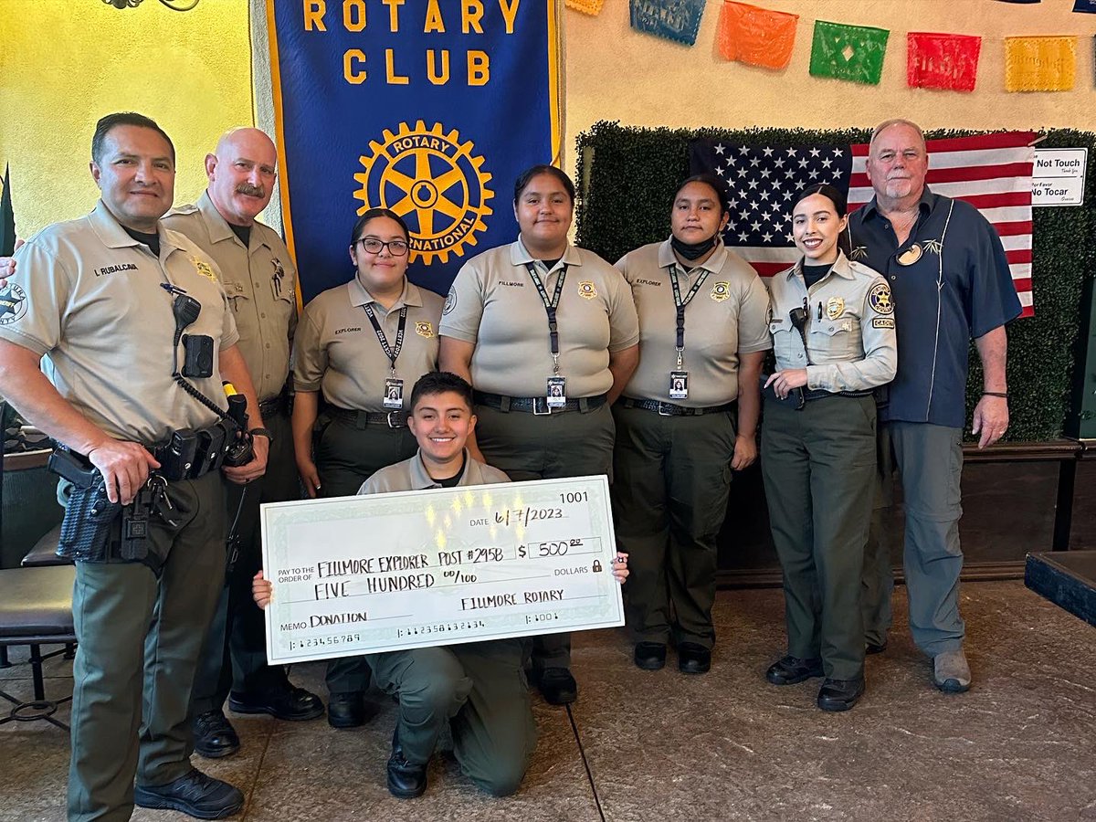 fillmorepd's tweet photo. The morning of June 7th, 2023 explorers from the Fillmore Explorer Post #2958 had the pleasure of attending the Fillmore Rotary meeting held at El Pescador where they were donated $500.  Thank you to Fillmore Rotary for the generous donation, it is greatly appreciated! https://t.co/4oDwVvX6Xd