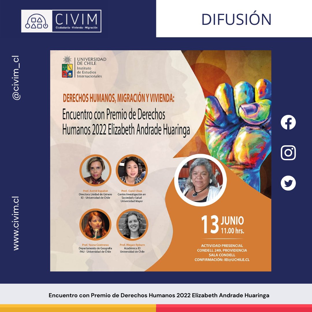 Extendemos la invitación de Carol Chan a asistir al conversatorio sobre derechos humanos, vivienda y migración, junto a Elizabeth Andrade, Premio de Derechos Humanos 2022. Este se realizará el próximo miércoles 13 de junio a las 11:00 en Condell 249.