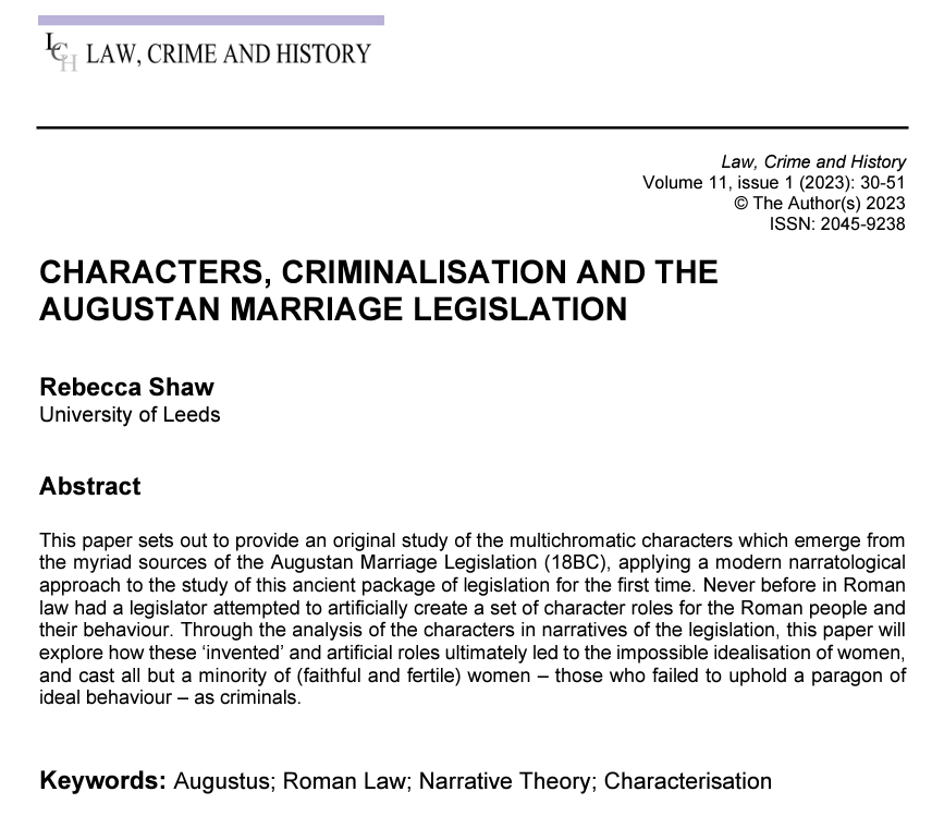 Read how the Augustan Marriage Legislation led to the impossible idealisation of women - casting many as criminals. New article by Rebecca Shaw.

Open access lawcrimehistory.pubpub.org/pub/t9eqcnql/r…