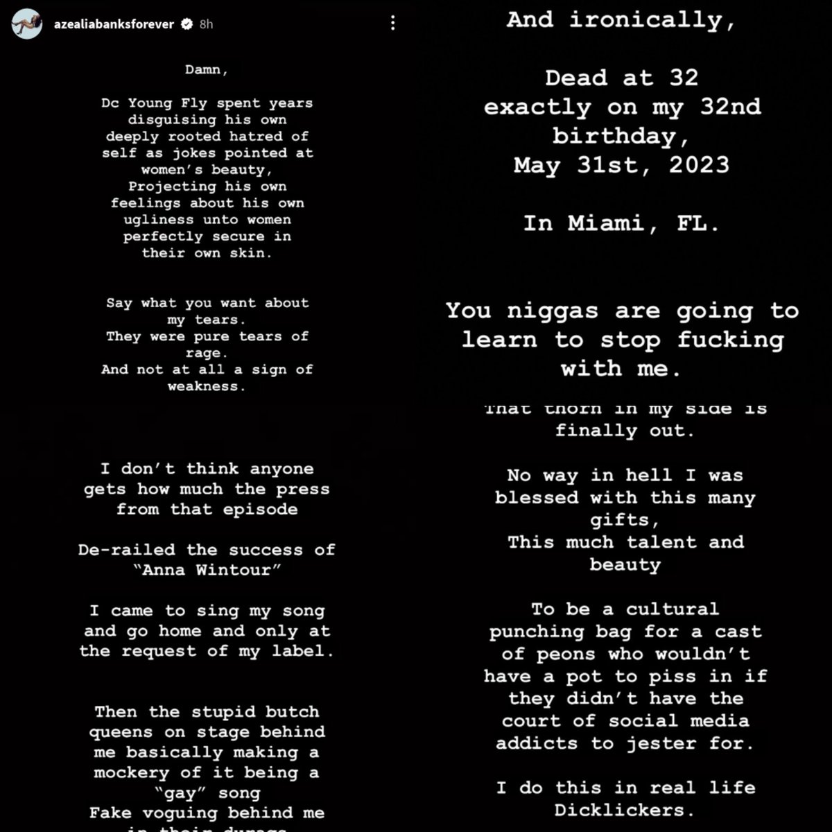 thewatcher923's tweet photo. I don't believe in cancel culture but let's go ahead and cancel azealia banks... Anyone who can make such insensitive comments about a man that just lost the love of his life/ mother of his children does not deserve a platform a spotlight or another dime from any one of us. https://t.co/sdAJOm5Z9w