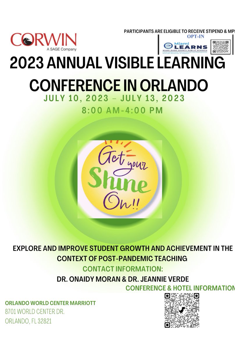 📢 Calling all #MiamiLEARNS schools! @VisibleLearning Conference July 10-13,2023 🍎 Save the date!  See Conference flyer for more information⭐️ *for participating Miami LEARNS schools only* @mdcps_profdev @Dadegetsgrants