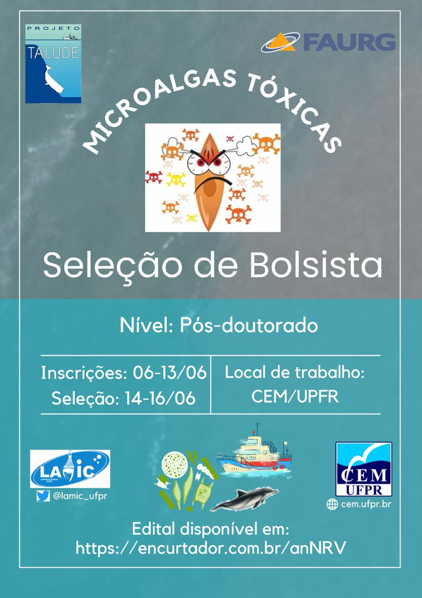 Atenção!!!
Oportunidade de #bolsa de #posdoc para #pesquisa com #algas nocivas e #Toxinas no <a href="/lamic_ufpr/">Laboratório de Microalgas - LAMIC</a> - <a href="/UFPR/">UFPR</a>.
 Inscrições até 13/06! Detalhes em: encurtador.com.br/anNRV 
#ciência #hplc #fitoplancton #oceano
