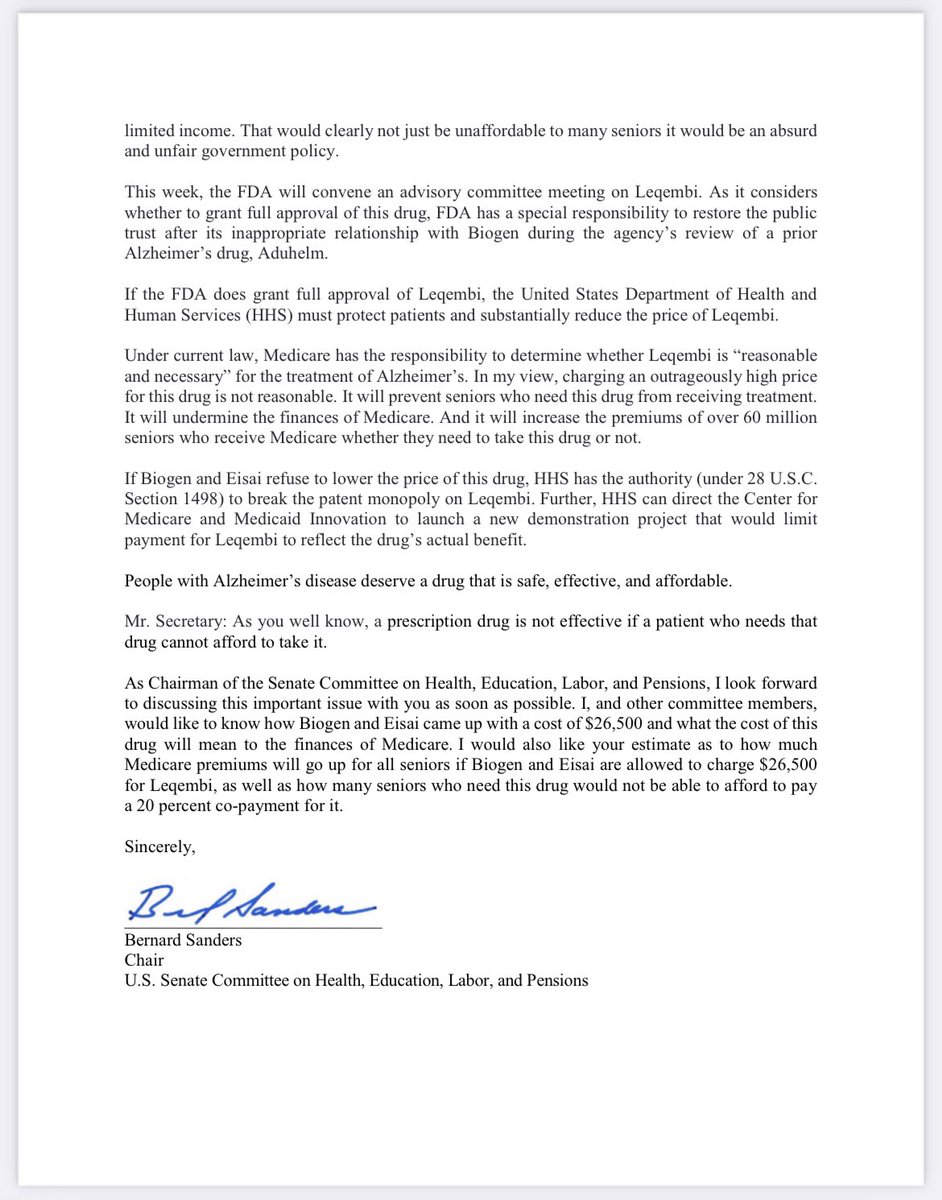 SenSanders's tweet photo. Alzheimer’s is a horrible disease and we must find a cure. But we cannot allow pharmaceutical companies to bankrupt Medicare in the process. We must substantially lower the price that Medicare pays for prescription drugs like Leqembi, and HHS has the power to do just that. https://t.co/40Wwyn8gi0