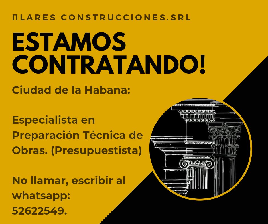 Oferta de Empleo. ¡Estamos contratando! Si quieres formar parte de la empresa privada πlares Construcciones. SRL, ¡Ésta es tu oportunidad! 

✅ Recuerda que más que una empresa, somos un equipo, una familia; con Responsabilidad Social Empresarial y comprometidos con los ODS 2030.