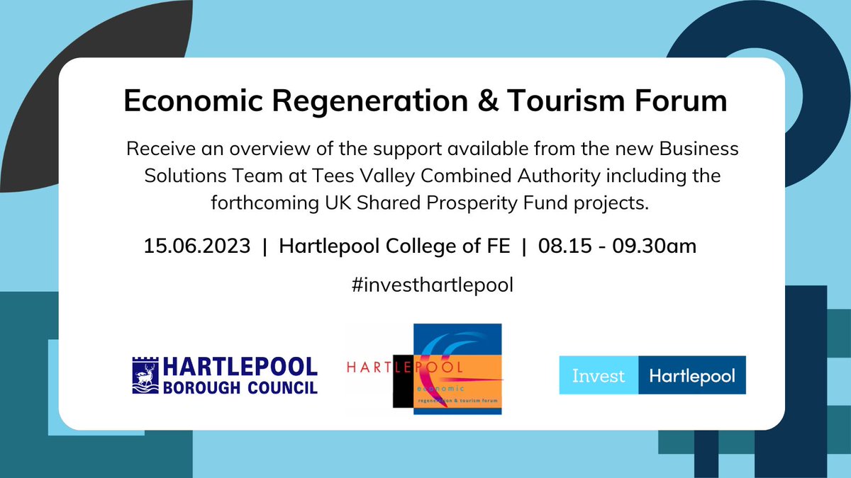 Don't forget the Hartlepool Economic Regeneration &amp; Tourism Forum is taking place Thursday 15th June 

Spaces are limited, register for the event ⬇️
eventbrite.co.uk/e/hartlepool-e…