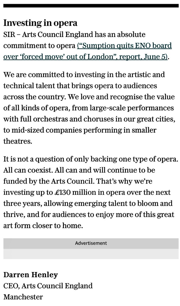 My letter in today’s <a href="/Telegraph/">The Telegraph</a> about the unequivocal and absolute commitment of <a href="/ace_national/">Arts Council England</a> to opera at all scales across England. We’re investing up to £130 million in opera over the next three years. That’s a serious and significant commitment to the art form. #LetsCreate