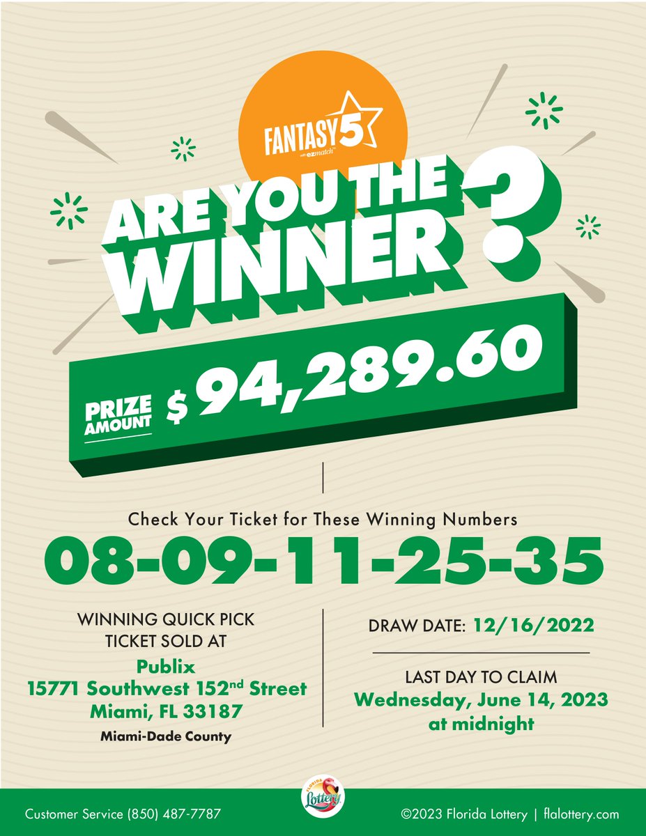 floridalottery's tweet photo. 🌊✨Attention, Miami! Time is running out! Check your tickets. A FANTASY 5 ticket worth $94,000 purchased at Publix located at 15771 Southwest 152ⁿᵈ Street will expire on June 14, 2023! The winning numbers are 08-09-11-25-35. https://t.co/y298hdO6yE