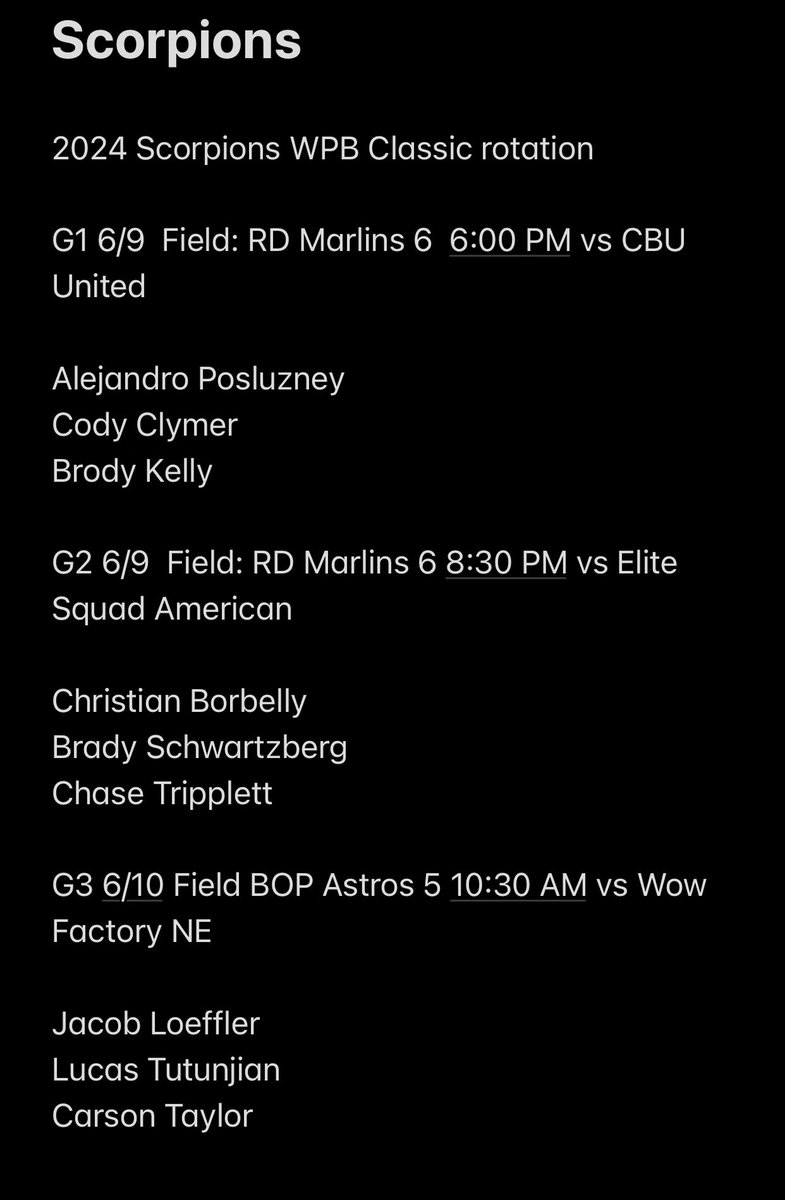 OrlandoScorps's tweet photo. 2024 Scorpions WPB Classic rotation.  ⁦@PSBaseballinc⁩ https://t.co/GnKnt1Tzhe