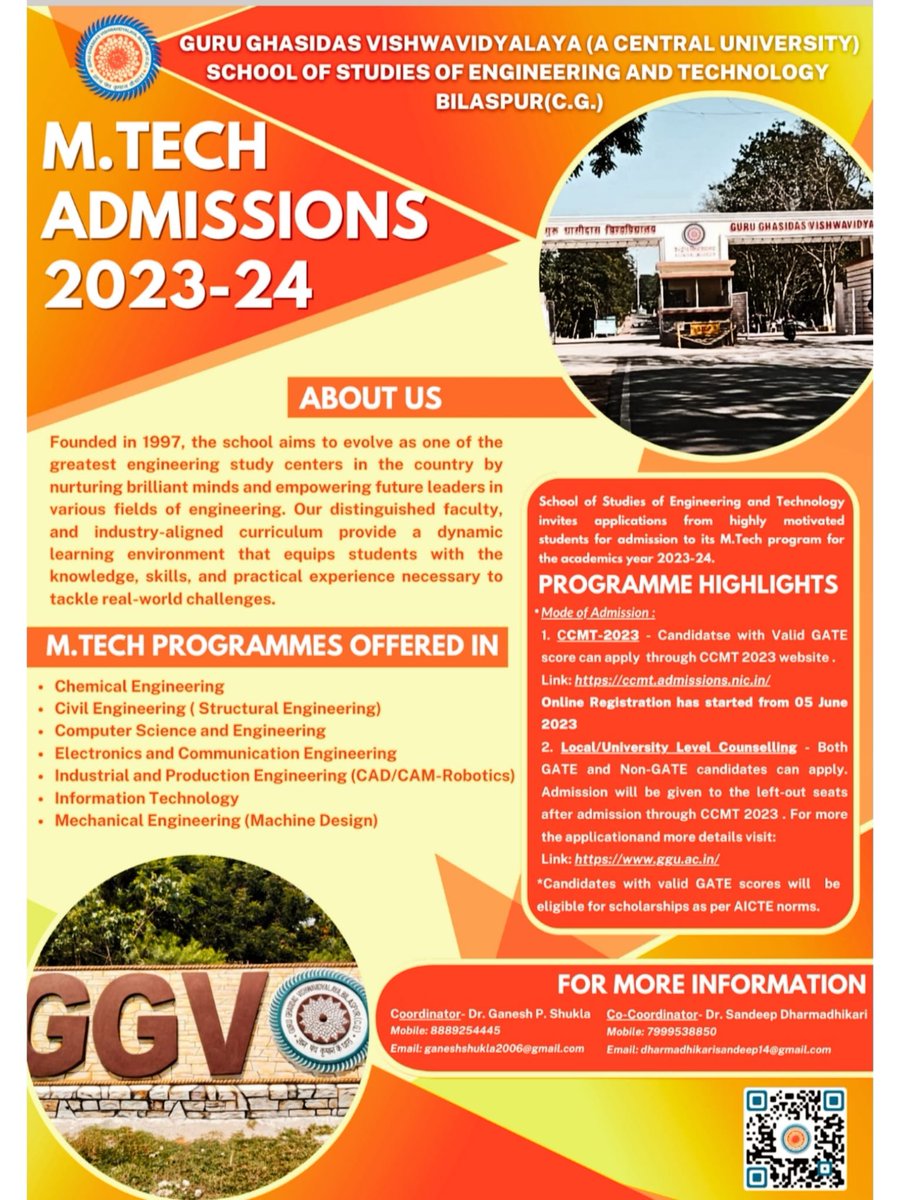 ggv_smc's tweet photo. M. Tech aspirants can apply to Guru Ghasidas Vishvavidhyalay (A Central University), Bilaspur,C.G. For more details, please contact at 8889254445 and visit https://t.co/6No6kDDtB9
Link for CCMT 2023- https://t.co/KJyvkWHNCp .
Online registration of CCMT-2023 has already started. https://t.co/Z2LeDm86iB