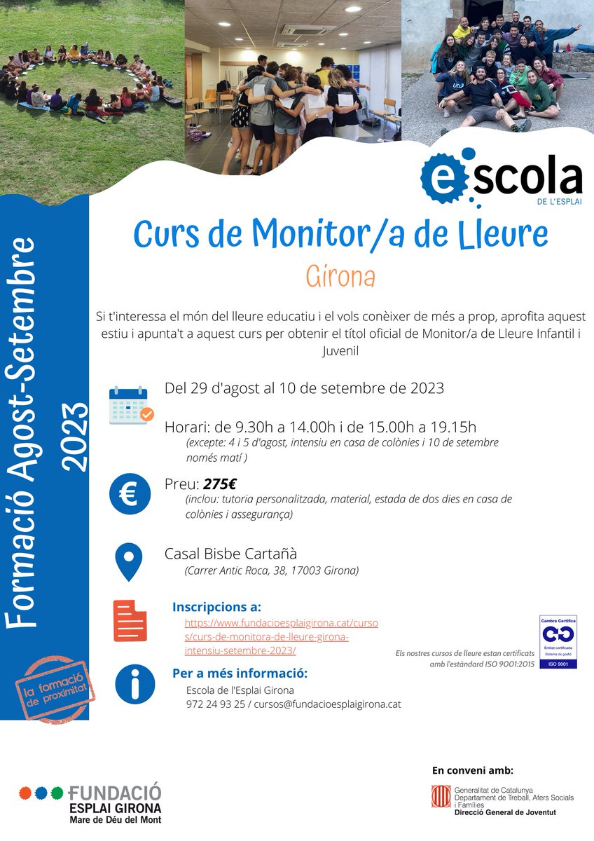 Vols formar-te com a monitor/a de lleure? Ja pots consultar els cursos que farem aquest agost i setembre!

📢 Curs de monitors/es presencial: 

📍 Girona (intensiu)

📍🏡 Casa de Colònies Els Arcs de Santa Pau (intensiu i residencial)

Més informació: ow.ly/KkTt50OHJGy