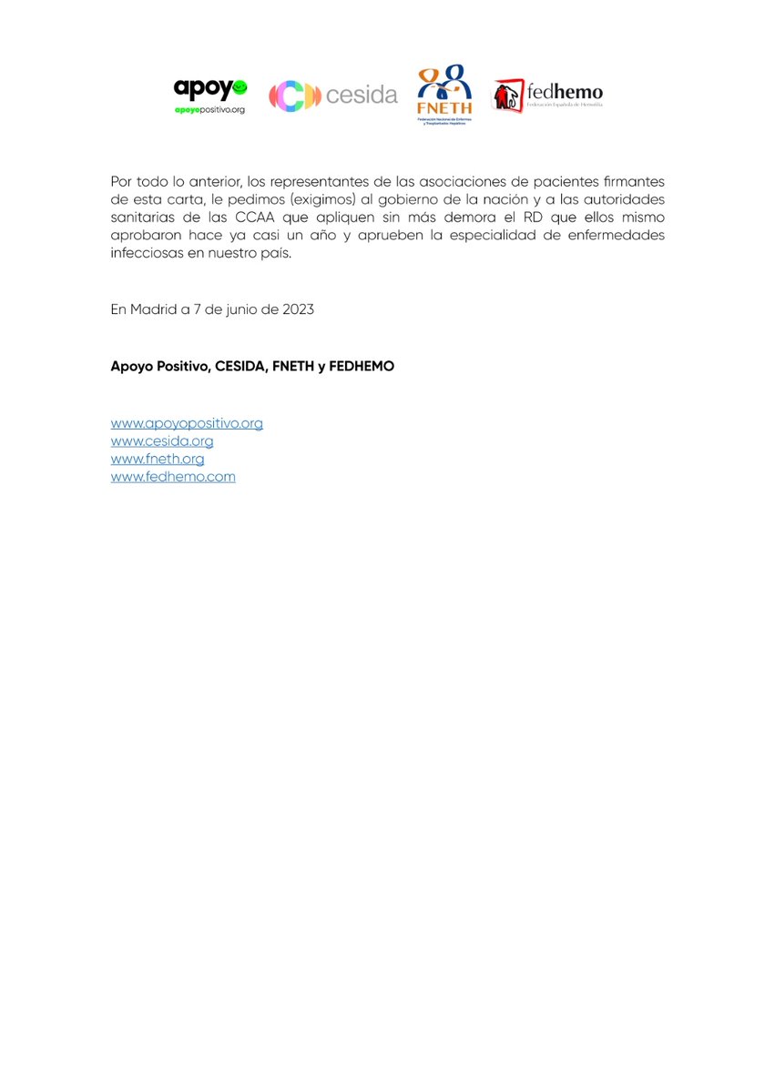Nuestros pacientes <a href="/Apoyopositivo/">Apoyo Positivo</a> <a href="/cesida_esp/">CESIDA</a> <a href="/fneth_org/">FNETH</a> <a href="/fedhemo/">FEDHEMO - Hemofilia</a> exigen a <a href="/sanidadgob/">Ministerio de Sanidad</a> <a href="/jose_minones/">Jose Miñones</a> que acabe la discriminación y se cree urgentemente la especialidad de Enfermedades Infecciosas. No pueden esperar otra legislatura <a href="/SEIMC_/">SEIMC</a> #siespecialidadEI