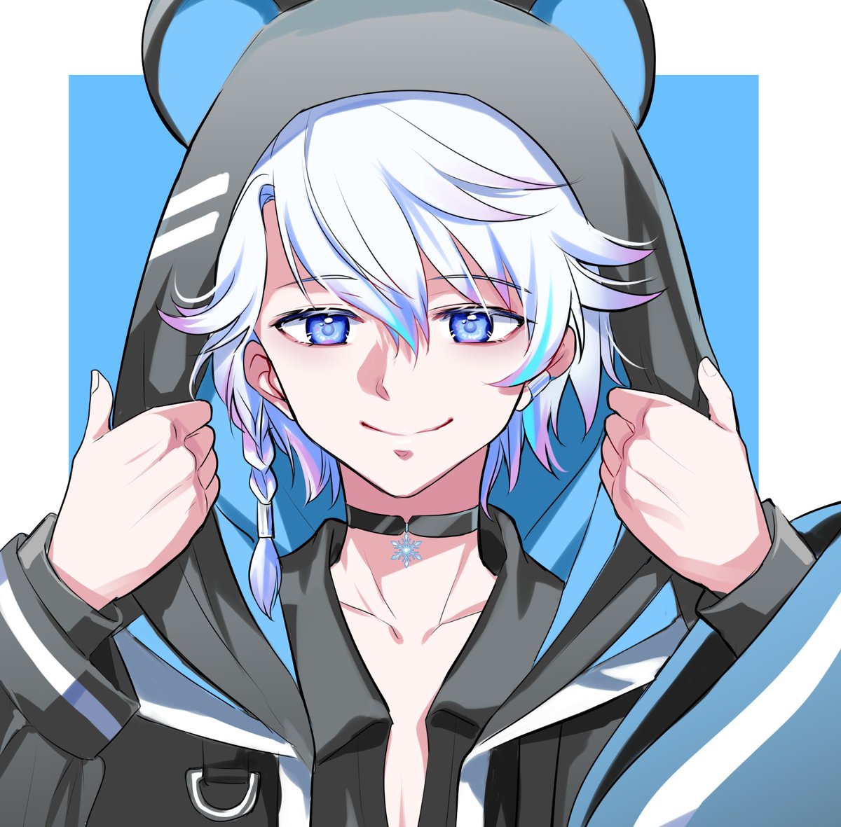 1boy male focus blue eyes hood solo smile choker  illustration images