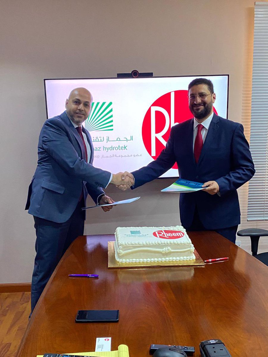 rheemmea's tweet photo. Rheem Middle East is delighted to announce signage of a distribution agreement for Rheem’s water heating solutions with AlJammaz Hydrotek. 

AlJammaz Hydrotek is part of AlJammaz Group which has been established over 30 years ago in Kingdom of Saudi Arabia. 
#RheemME #KSA https://t.co/ujAdlhbKow
