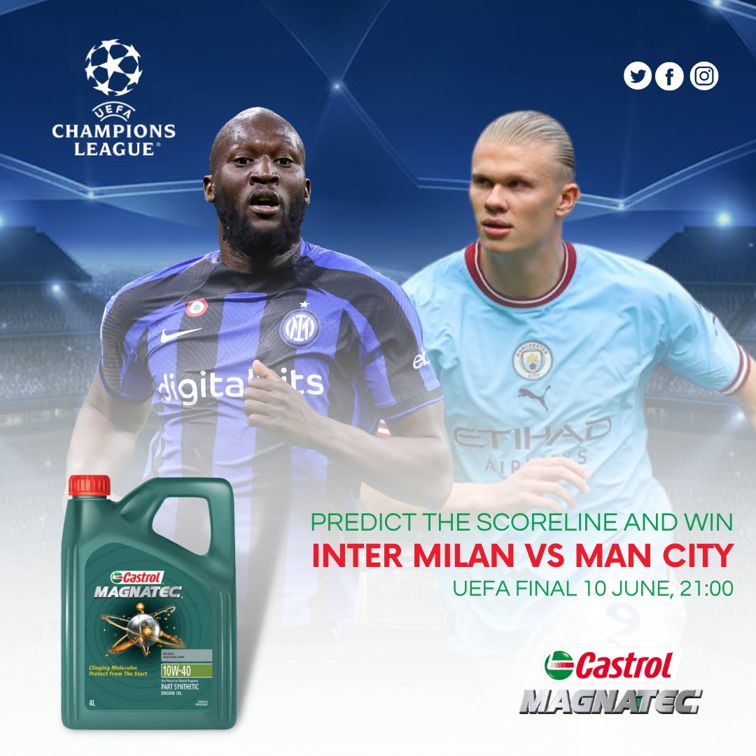 Predict correctly the score line of the #UCL final  match between Inter Milan  and Man City and win.

How to win:
1. Follow us
2. Like and Share
3. Drop your prediction & Tag 3 friends

NB | Fastest finger first, promo ends Saturday 10am.
#InterMilan #mancity #UCL #PredictAndWin