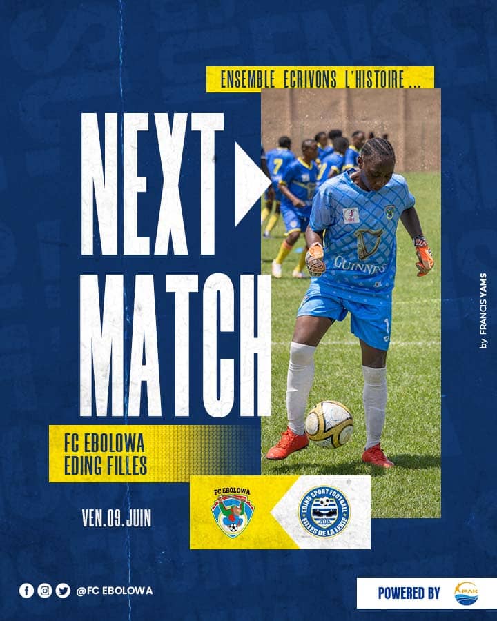 FCEbolowa's tweet photo. La @GSuper_League de la @lffccam
et @FecafootOfficie revient ce vendredi...
NEXT MATCH...
#MatchDay22
#GSL3
#NextMatch
#FinalMatch
#LFFC
#Fecafoot
#PAK
#Footballféminin
#FCEESF
#Olembe
#EnsembleEcrivonslHistoire https://t.co/hMbncCvf9I