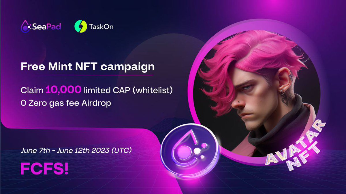 1/
🔥 Limited SeaPad CAP NFT Airdrop! 🔥

Be one of the first 10,000 users to complete our task and earn an exclusive NFT avatar on <a href="/taskonxyz/">TaskOn | Ultimate Web3 Community Growth Platform</a>.
Join us now and unlock valuable future rewards. ⏳

Link: taskon.xyz/campaign/detai…