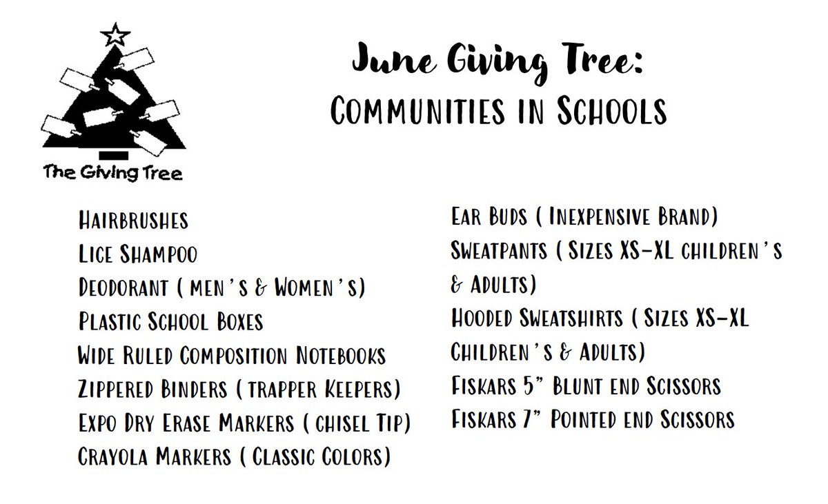 Our Giving Tree for June is supporting Communities In Schools of Wayne County. Here are some items that can help this organization support students prepare for the next school year.