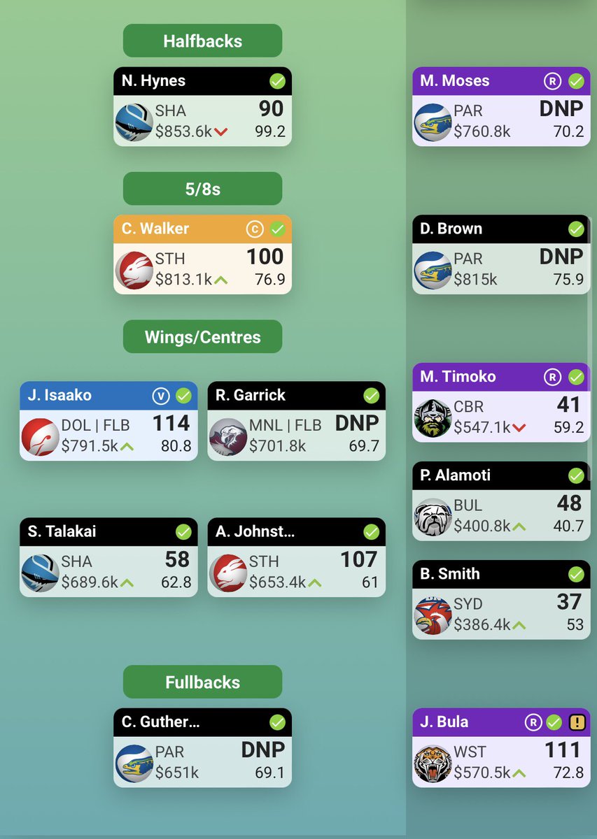 #NRLSuperCoach <a href="/AmanTalksNRLSC/">Aman Talks NRL SuperCoach</a> @SC_Brain <a href="/NRL_SC_Addicts/">NRL Supercoach Addicts</a> <a href="/scplaybook1/">SC Playbook I Supercoach NRL</a> 
I’ve got a headache thinking about trades all day.
Any trade suggestions please? 
Looking at Hopgood, Nikora and any FRF to cover raiders bye in RD20.