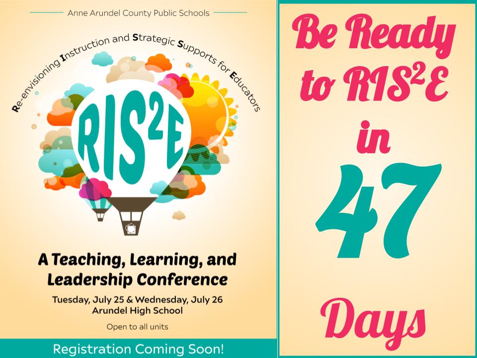<a href="/AACountySchools/">AACPS</a>
Your opportunity to RIS²E is right around the corner! Featuring outstanding speakers in addition to STIPENDS and APC CREDITS for qualifying attendees! Don't wait! Register for this two-day summer event today!!  eventsquid.com/event/20505