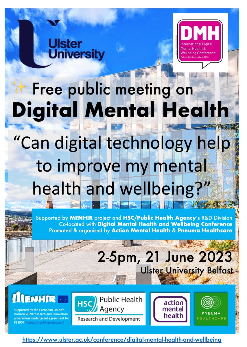 Can digital technology help to improve mental health &amp; wellbeing? 💭🤔 

Join this FREE public meeting to discuss. ✨
Sign up here👉bit.ly/42v9VAV 

@DMH2023 <a href="/UlsterUni/">Ulster University</a> <a href="/MenhirH2020/">MENHIR Project</a> <a href="/amhNI/">Action Mental Health</a> <a href="/publichealthni/">Public Health Agency</a> <a href="/pneumahealth/">Pneuma Healthcare</a> <a href="/ywirl/">Youth Work Ireland</a>
