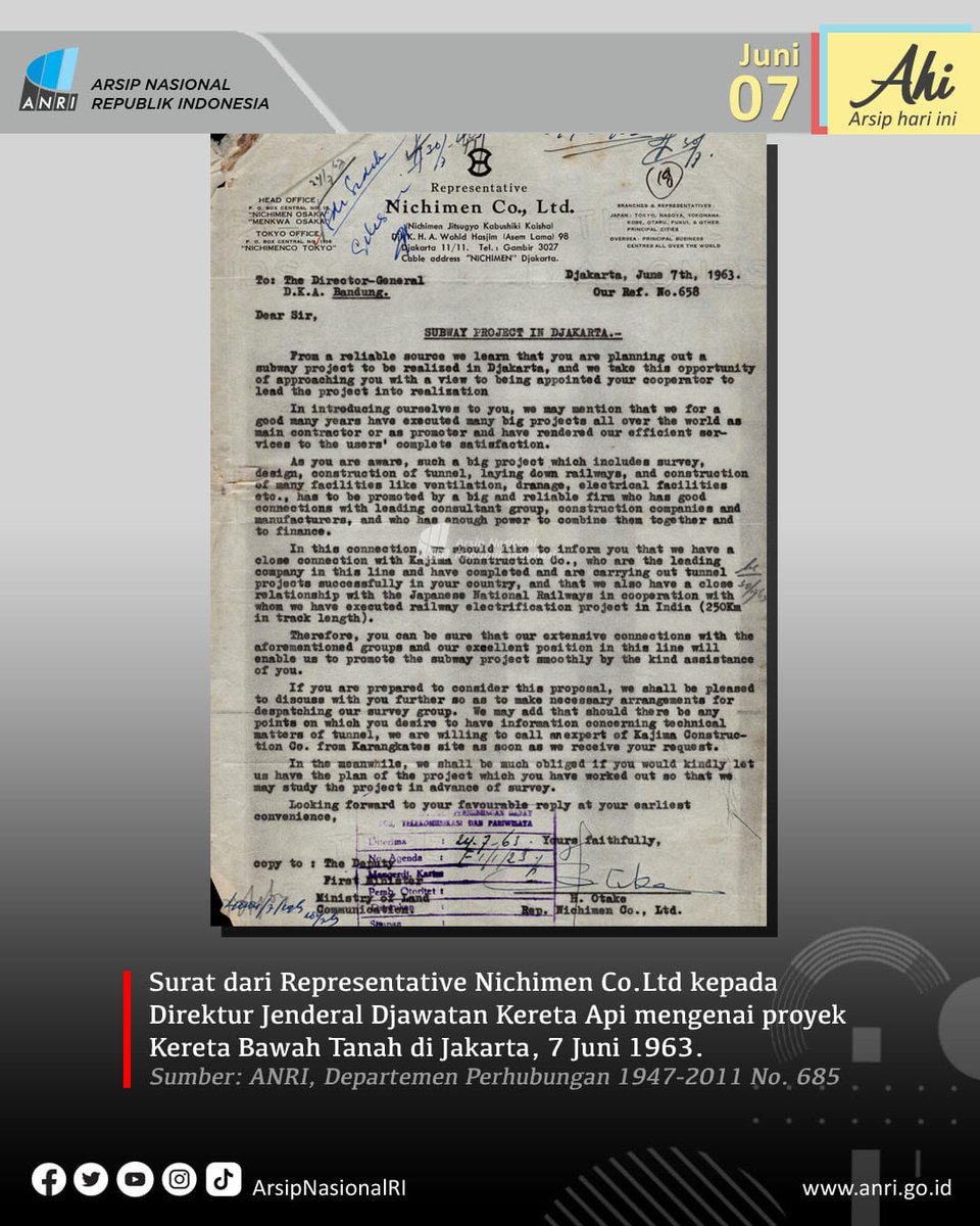 #ArsipHariIni menampilkan surat penawaran kerja sama dari Nichimen Co.Ltd, kepada Direktur Jenderal Djawatan Kereta Api untuk menjajaki proyek kereta bawah tanah di Jakarta.