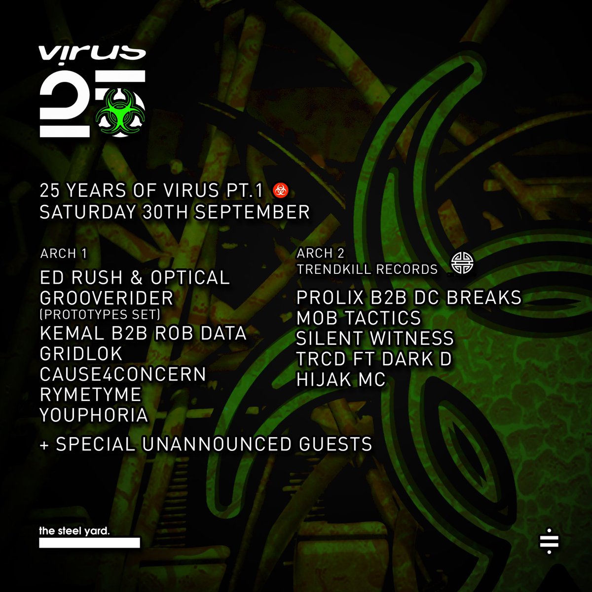 Virus Recordings just dropped the line up for the september edition of the monumental season commencing to celebrate their 25 years ☣️🔥 they’ll be welcoming some of their favourite names, as well as some hefty label takeovers. don’t miss it. on sale → bit.ly/VirusTheSeason…