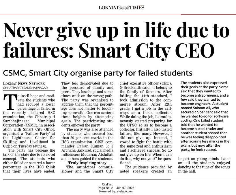 csncity's tweet photo. For the first time, a city administration under Aurangabad Smart City CEO G Sreekanth (IAS) threw a 'Failure Party' for students who couldn't score well in 12th Board Exams. The unique initiative received a good response. 1/n https://t.co/v1XxLyQox1