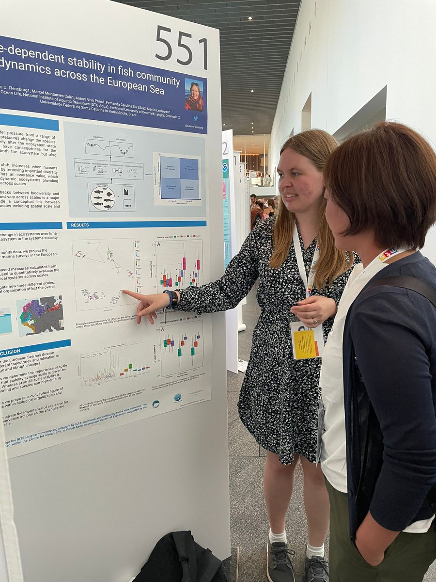 OceanLifeCentre's tweet photo. Yesterday our PhD's @LouiseFlensborg and @ampapmer had a bunch of nice conversations during the poster session!! It was great to see that many people were interested in the research about stability of fish communities 🐟📈and the NUM model 💻🧮 done at the centre 🙌 https://t.co/m3GvwlTVPT
