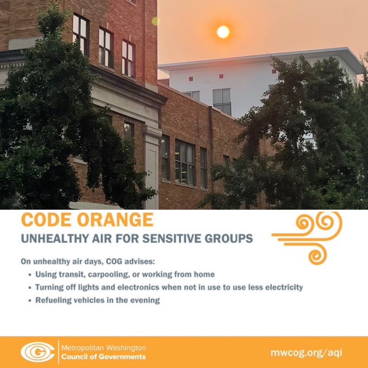 NickySundt's tweet image. Life in the #Pyrocene:  Another Code Orange day in DC because of #smoke from from Canadian #wildfires. #climatechange #Canada