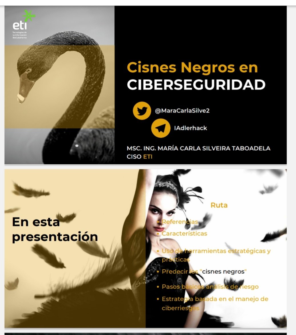 MaraCarlaSilve2's tweet photo. En breve estaré en línea con la invitación del Taller de @Xetid2, Conferencia Magistral #BlackSwan #Cybersecurity #risk #prediction #improbability #securityStrategy #cyberattack #riskmanagement #Cuba 
@tierradehackers @HackerDCabecera @etibiocubafarm1 @csirt_bcf https://t.co/aMDLPEB1Oo