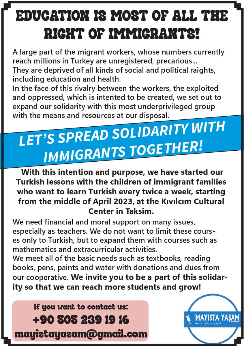 "Eğitim En Çok Göçmenlerin Hakkı!" diyerek 15 Nisan'dan itibaren göçmen ailelerin çocuklarına haftada iki gün Tarlabaşı ve Taksim'de, Kıvılcım Kültür Merkezi'nde (<a href="/kivilcimkultur/">Kıvılcım Kültür Merkezi</a>) Türkçe dersleri vermeye başladık.