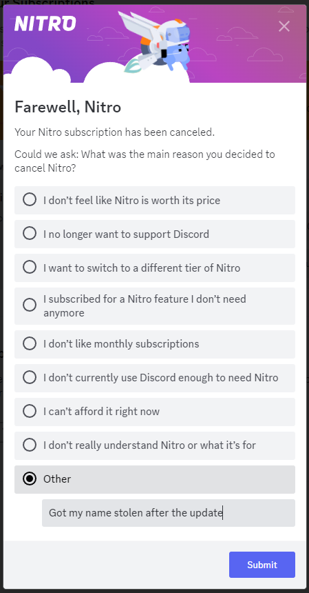 MydiaStardream's tweet photo. Thanks @discord , for helping me save $10 a month.

This update was awful and uncalled for. I personally also encourage other people in my community to get rid of their Discord Nitro subs.

#discordusername #Vtuber #LGBTQ https://t.co/updzusO9N5