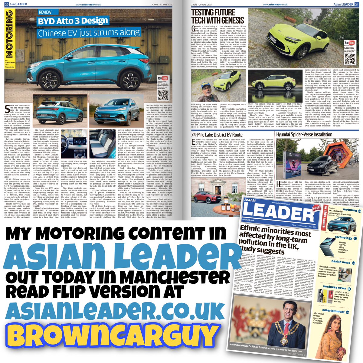 🗞 My latest Motoring Section for Asian Leader Newspaper (Manchester) AsianLeader.co.uk or online.fliphtml5.com/vxbbt/ytgf/#p=… 
#cars #carreview #newspaper #asianleader #bydatto3 #genesis #byd #spiderman #spiderverse @BYDCompany @SpiderVerse @Hyundai_UK