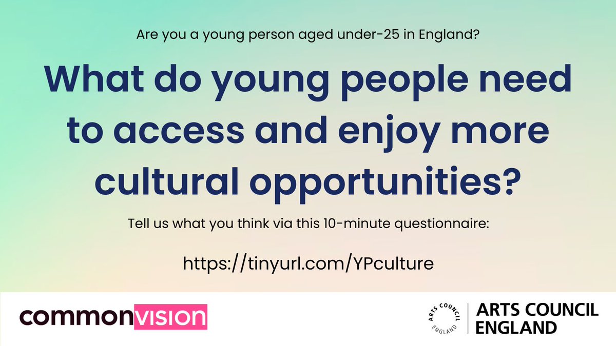 Rosa (@rosaniemaslater) on Twitter photo Young people under 25 can help shape the government’s upcoming Cultural Education Plan by filling in <a href="/commonvisionUK/">Common Vision</a>’s survey 👇
form.typeform.com/to/sDdwzCNV
Working with <a href="/ace_national/">Arts Council England</a>, they’ll be conducting research into young people’s needs for creativity and culture 👩🏼💻🎨 Young people under 25 can help shape the government’s upcoming Cultural Education Plan by filling in <a href="/commonvisionUK/">Common Vision</a>’s survey 👇
form.typeform.com/to/sDdwzCNV
Working with <a href="/ace_national/">Arts Council England</a>, they’ll be conducting research into young people’s needs for creativity and culture 👩🏼💻🎨