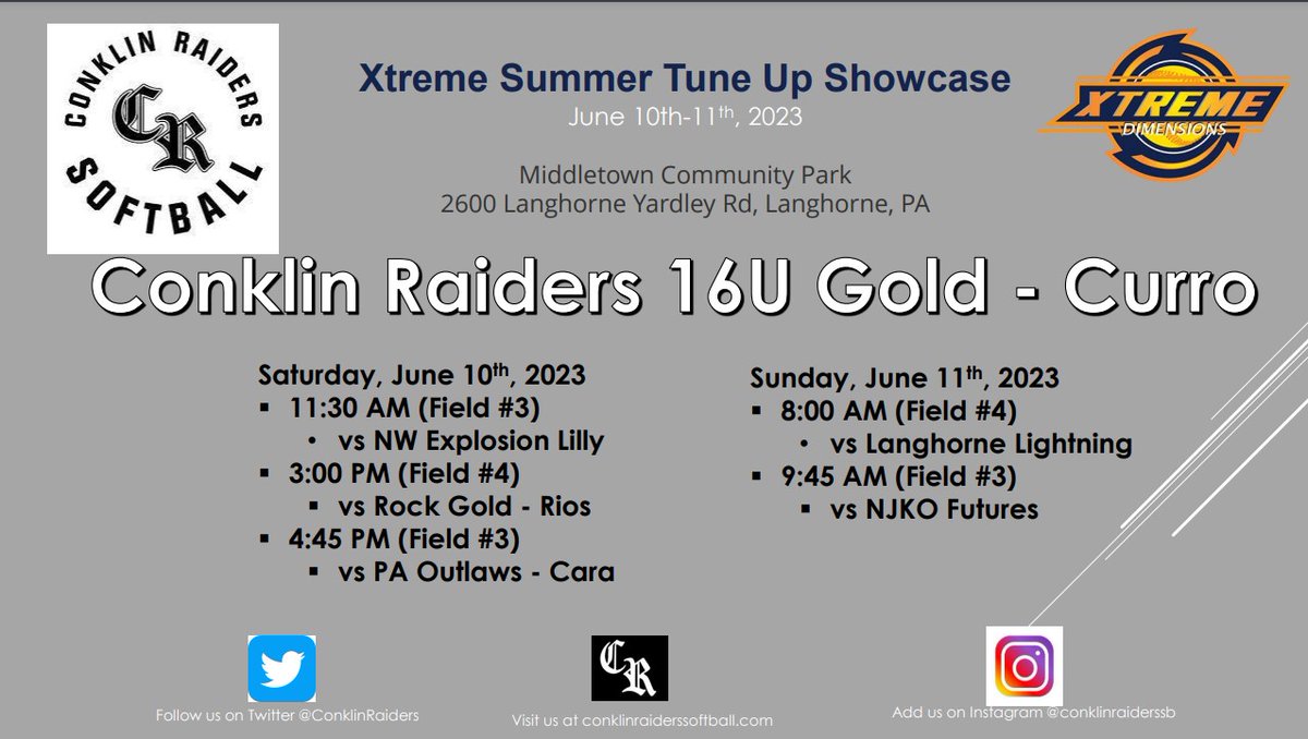 ConklinRaiders's tweet photo. Updated: 16U Gold - Curro - Good luck to our athletes as they play in the Xtreme Summer Tune Up Showcase! https://t.co/k5zhOrbE14