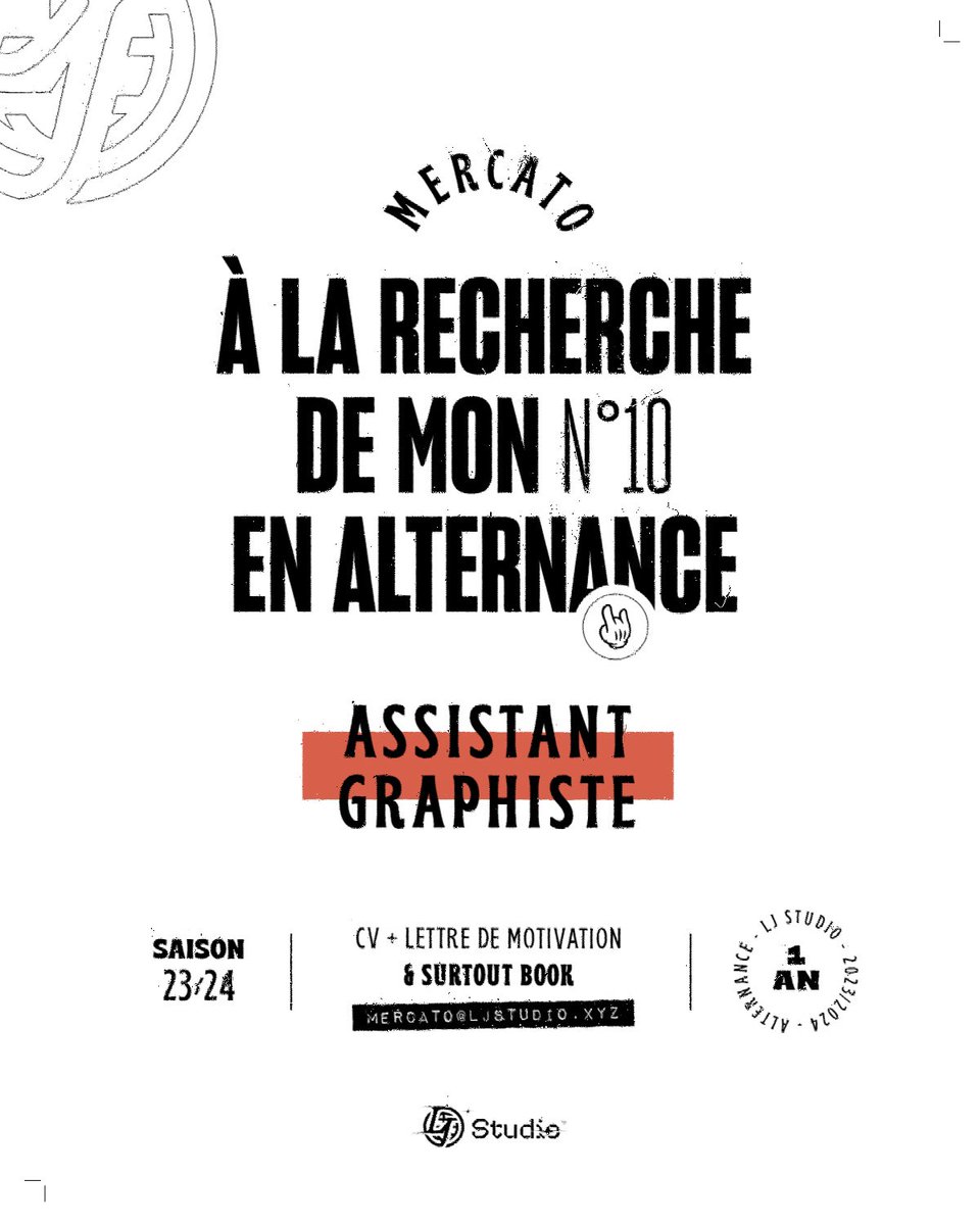 LjStration's tweet photo. 🚨MERCATO 

A la recherche de mon N° 10 en alternance pour la saison 23/24 🌟

💼 Assistant graphiste 

Envoie ton CV, lettre de motivation et surtout ton book sur : 

📩 mercato@ljstudio.xyz https://t.co/8UxEYupvrS
