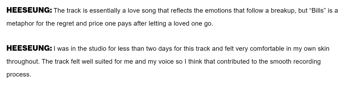 ihs_heeseung's tweet photo. 🦌: i was in the studio for less than two days for this track (bills) and felt very comfortable in my own skin throughout. the track felt well suited for me and my voice, so i think that contributed to the smooth recording process.

💯❤️ #heeseung #희승 https://t.co/sL50sw99mT