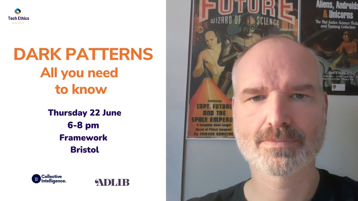 Come along to our next event and listen to @ColinGavaghan @DigiFutures and this presentation: 'Defence against dark patterns: What is the role of law'? Last few tickets available! Get your free spot at t.ly/QDV9l #ux #darkpatterns #Bristol