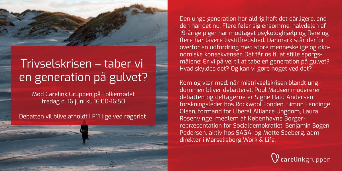 Reception &amp; debat på Folkemødet

Vi starter kl. 16.00 med at zoome ind på mistrivselskrisen hos de unge: Taber vi en generation på gulvet? Og hvad kan vi gøre ved det? 
#folkemødet2023 #carelinkgruppen #sammenombedrevelfærd