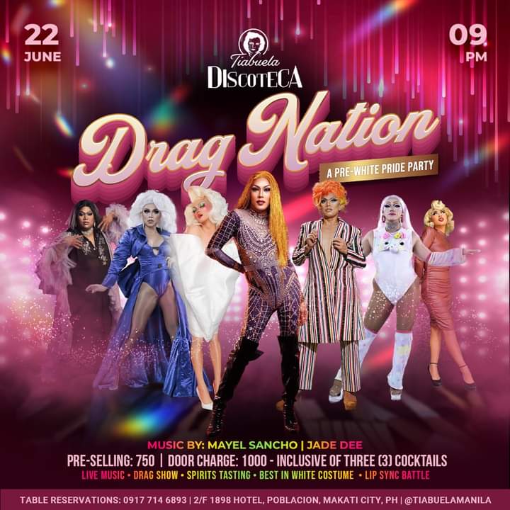 LuminaKlum's tweet photo. YOUR DRAG NATION QUEENS
Feat. 5 generations of Philippine Drag Queens

June 22, Thurs at Tiabuela, Poblacion. Tix available now. Early bird - 750 Walk-in 1000. With 3 hindi eme emeng cocktails. See you!

RT
#DRAGNATION #HappyPride https://t.co/mO4cJ7M41R