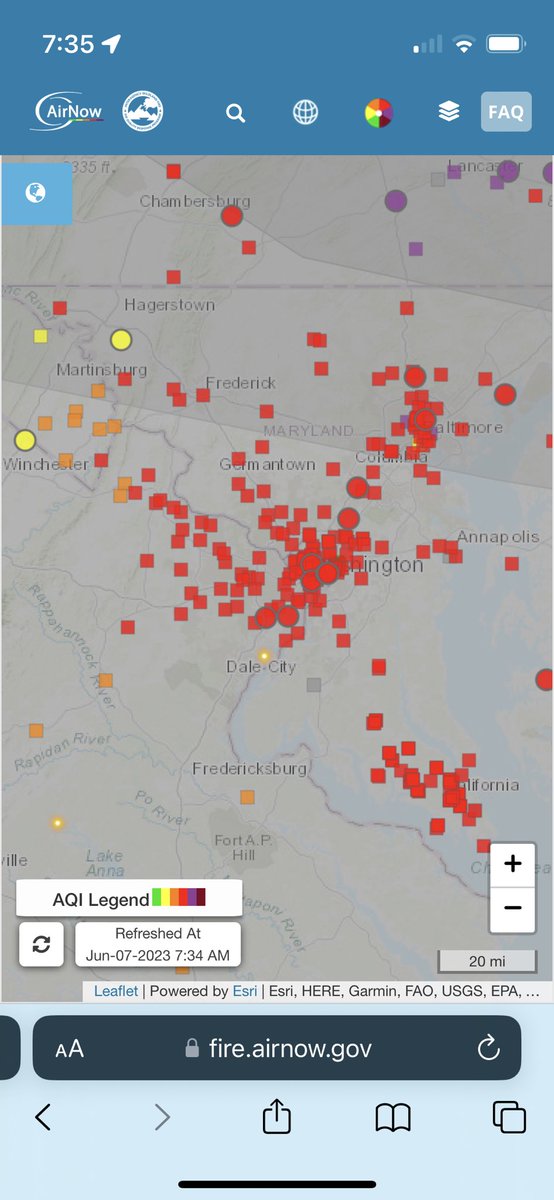 Air quality around DC area is registering CODE RED according to airnow.gov this morning — limit time outdoors, especially if you have respiratory concerns and/or wear mask.