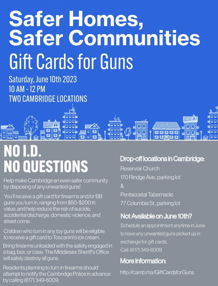 Saturday! Spread the word!
Not relevant to you? Safer neighborhoods is a bonus for everyone. Donate and help us supply gift cards for guns 

cambridgecf.networkforgood.com/projects/13329…
