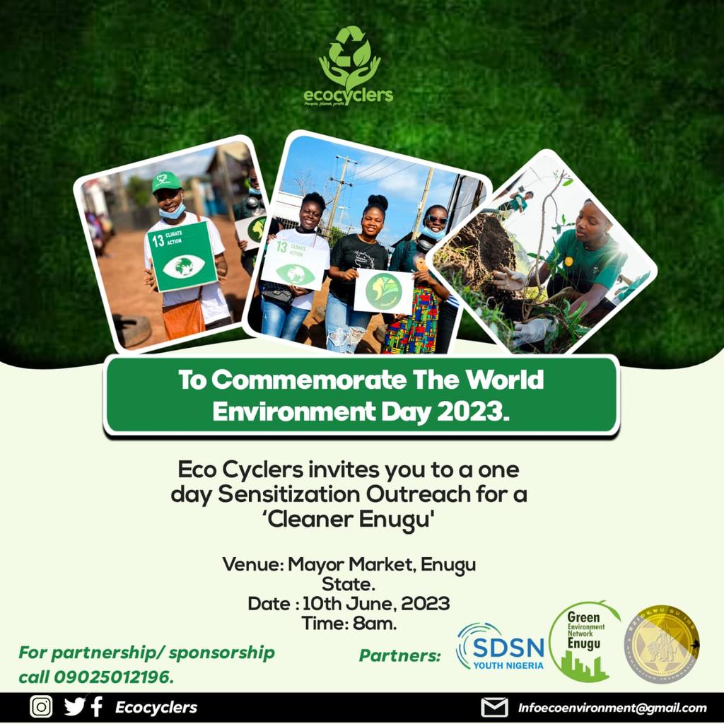 Are you Resident in Enugu State & willing to Volunteer for an outreach? Eco-Cyclers is having a Sensitization for the #WorldEnvironmentDay2023 to create the needed awareness on ways Citizens can #BeatPlasticPollution .

 Details in the flyer! 

   Please Share

#EnuguTwitter